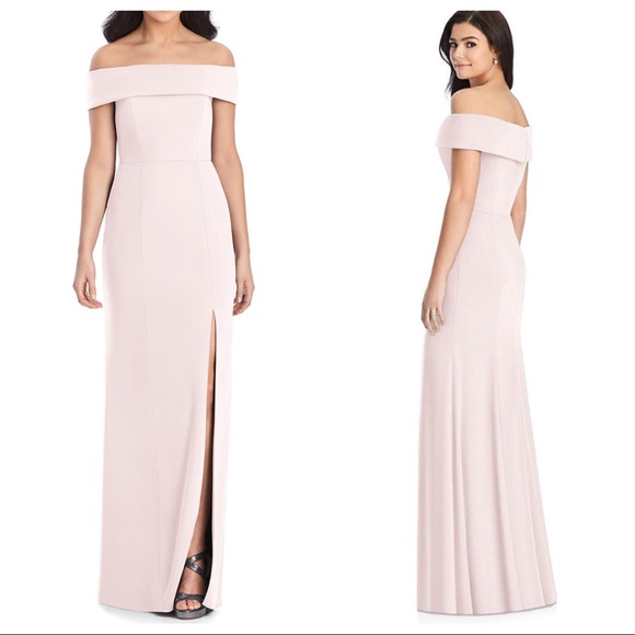 dessy collection off the shoulder crepe gown